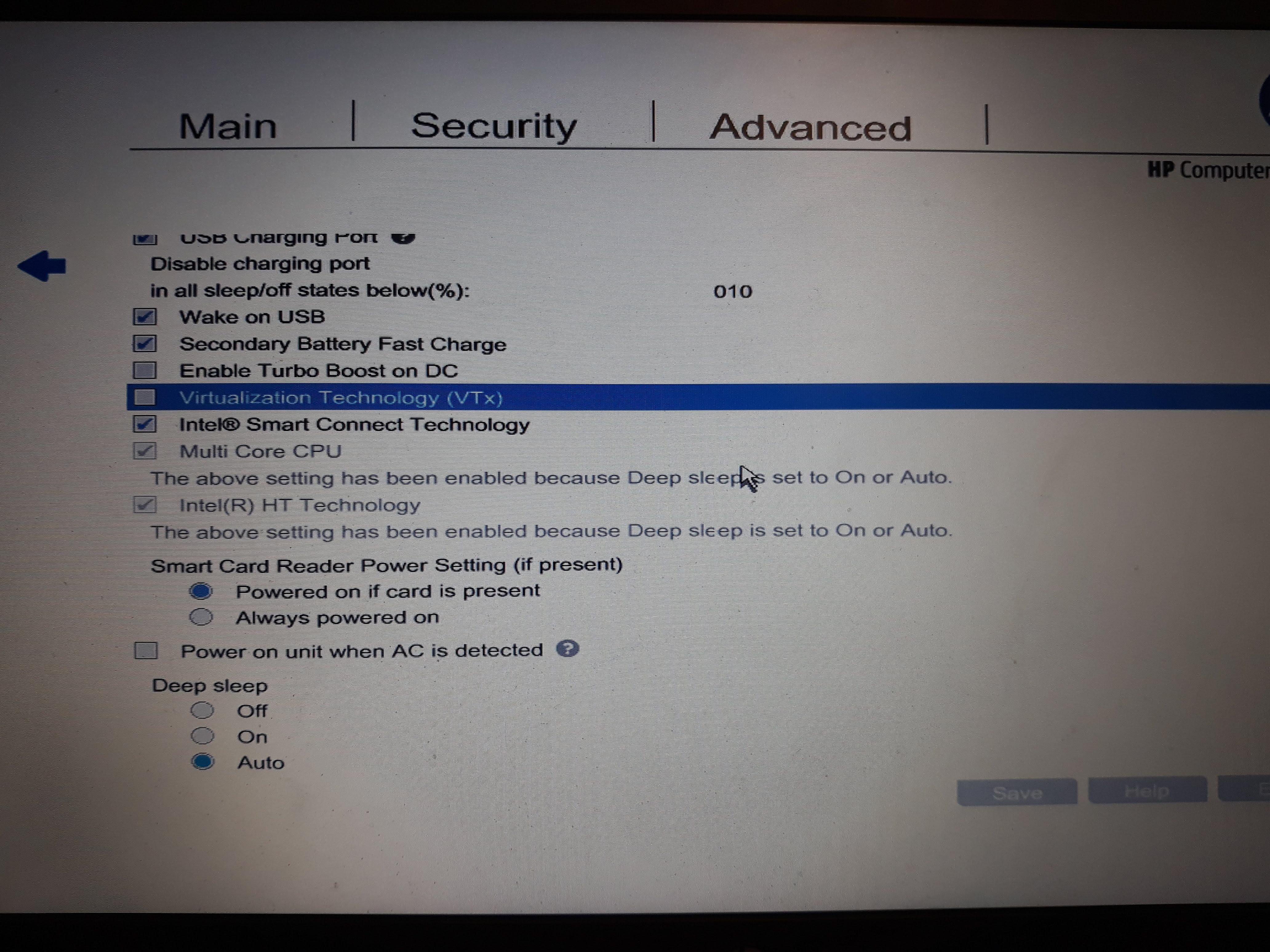 HP firmware settings with Virtualisation Technology (VTx) selected.