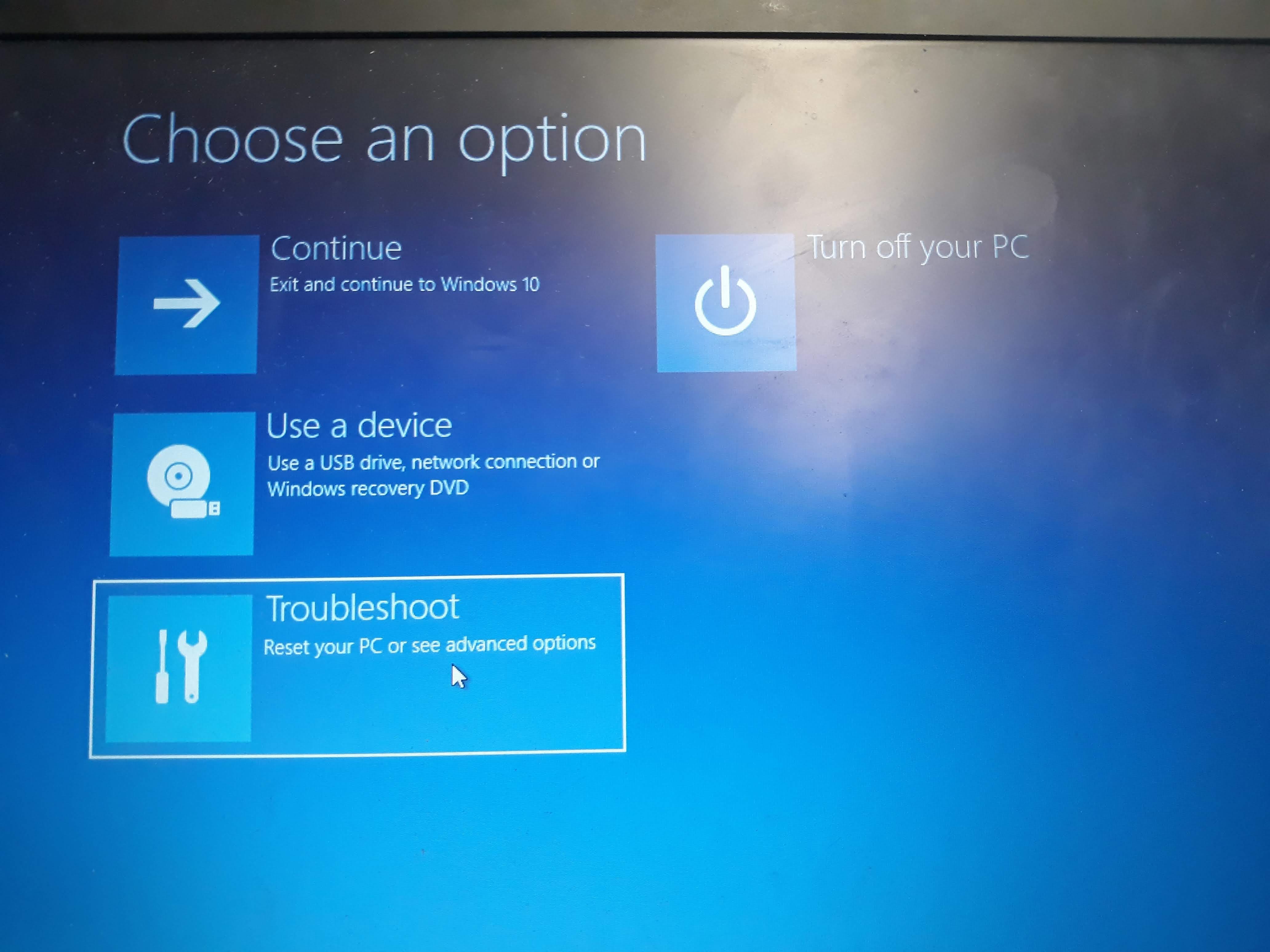 Windows restarted in the recovery environment. Troubleshoot is selected.