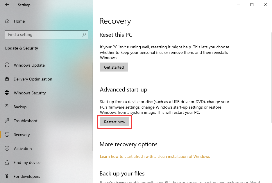 Screenshot of the Windows settings app in "Update & Security" with the Advanced start-up "Restart now" button highlighted.
